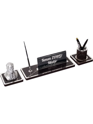 Mermer Desen Atatürk Biblo Masa Isimliği Ahşap Isimlik 3'lü Gümüş