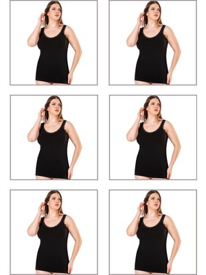 Özkan Underwear Özkan 26802 6'lı Paket Kadın Pamuklu Yakası Dantel Detaylı Kalın Askılı Esnek Rahat Büyük Beden Atlet