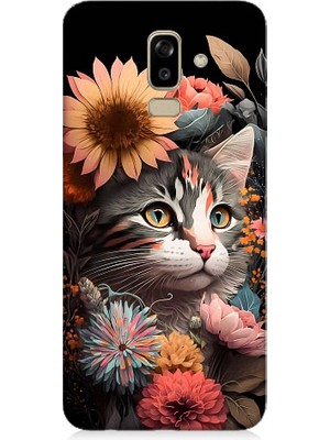 Teknomeg Samsung Galaxy J8 Uyumlu Çiçekler ve Kül Gri Kedi Desenli Silikon Kılıf
