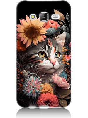 Teknomeg Samsung Galaxy J5 Uyumlu Çiçekler ve Kül Gri Kedi Desenli Silikon Kılıf