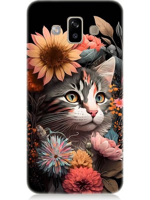 Teknomeg Samsung Galaxy J7 Duo Uyumlu Çiçekler ve Kül Gri Kedi Desenli Silikon Kılıf