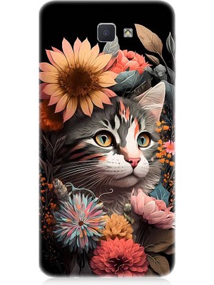 Teknomeg Samsung Galaxy J7 Prime Uyumlu Çiçekler ve Kül Gri Kedi Desenli Silikon Kılıf