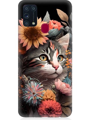 Teknomeg Samsung Galaxy M31 Uyumlu Çiçekler ve Kül Gri Kedi Desenli Silikon Kılıf