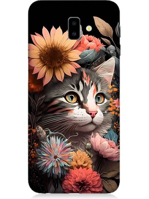 Teknomeg Samsung Galaxy J6 Plus Uyumlu Çiçekler ve Kül Gri Kedi Desenli Silikon Kılıf