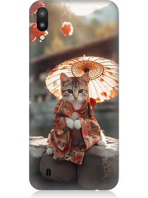 Teknomeg Samsung Galaxy M10 Uyumlu Geyşa Kıyafetli Kedi Desenli Silikon Kılıf