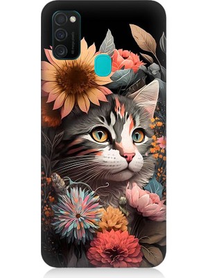 Teknomeg Samsung Galaxy M21 Uyumlu Çiçekler ve Kül Gri Kedi Desenli Silikon Kılıf