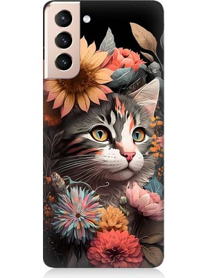 Teknomeg Samsung Galaxy S21 Uyumlu Çiçekler ve Kül Gri Kedi Desenli Silikon Kılıf