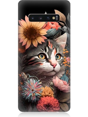 Teknomeg Samsung Galaxy S10 Uyumlu Çiçekler ve Kül Gri Kedi Desenli Silikon Kılıf