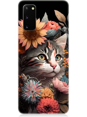 Teknomeg Samsung Galaxy S20 Plus Uyumlu Çiçekler ve Kül Gri Kedi Desenli Silikon Kılıf