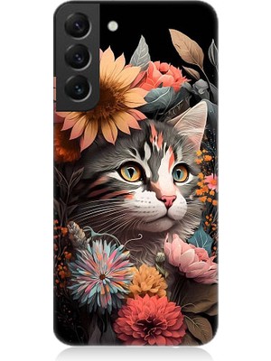 Teknomeg Samsung Galaxy S22 Plus Uyumlu Çiçekler ve Kül Gri Kedi Desenli Silikon Kılıf