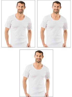 Özkan Underwear Özkan 0115 3'lü Paket Erkek Ribana Pamuklu Esnek Rahat Geniş Yaka Kısa Kollu Fanila Tişört