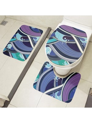 DouranShop STIL10 Tarzı Yeni Stil Tuvalet Kapak Seti 3 Parça Banyo Kaymaz Mat Seti Duş Dekorasyon Halı Ukiyo-E Dalgalar Halı Pazen Tuvalet Minderi (Yurt Dışından)