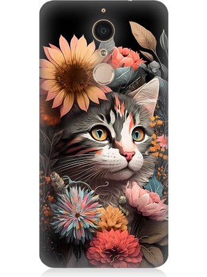 Teknomeg Casper Via G1 Plus Uyumlu Çiçekler ve Kül Gri Kedi Desenli Silikon Kılıf