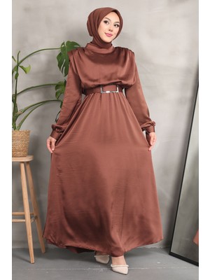 Kahverengi Omuz Piliseli Kemerli Saten Abiye
