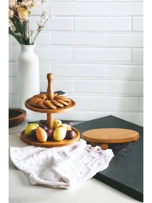 Justwood 2’Li 2 Katlı Kek Stantı Ve  Risus Top Ayaklı 29 Cm Ahşap Yuvarlak Pasta Sunum Servis Tabağı