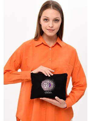 Çınar Bez Çanta Clutch Burç Serisi - Aslan Baskılı Siyah Kanvas Makyaj Çantası