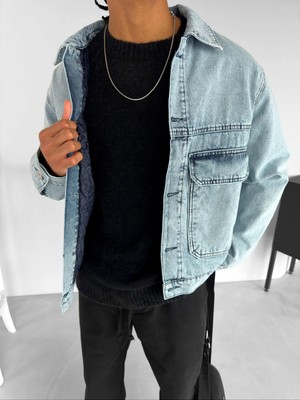 Abluka Online Oversize Çift Cepli Denim Ceket Buz Mavi