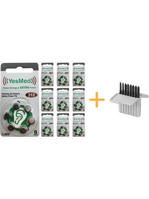 Yesmed Extra Power 312 Numara Işitme Cihazı Pili (10 Paket x 6 Adet = 60 Adet Pil) +  Işitme Cihazı Filtresi Gri Paket