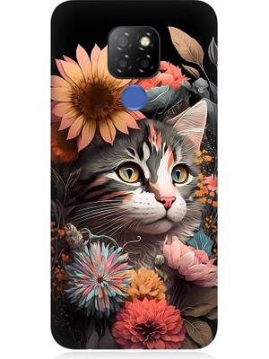 Teknomeg General Mobile GM20 Uyumlu Çiçekler ve Kül Gri Kedi Desenli Silikon Kılıf
