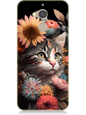 Teknomeg General Mobile Gm8 Uyumlu Çiçekler ve Kül Gri Kedi Desenli Silikon Kılıf