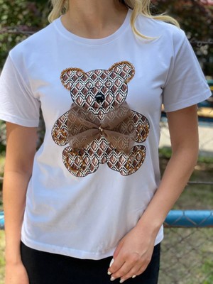 Butik Serdivan Kadın T-Shirt Ayıcıklı Teddy Taşlı Boncuk Detaylı Sıfır Yaka Kısa Kol Yazlık