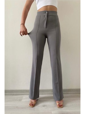 Hira Fashion Kadın Gri Nervür Dikişli Toparlayıcı Yüksek Bel Pantolon