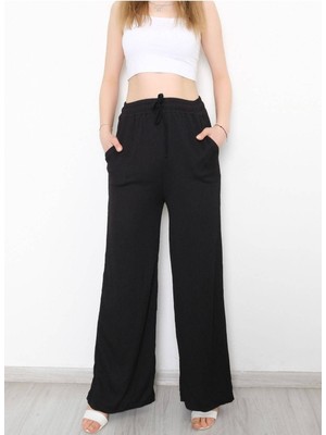 Hira Fashion Kadın Siyah Beli Lastikli Palazzo Pantolon