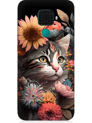 Teknomeg Huawei Mate 30 Lite Uyumlu Çiçekler ve Kül Gri Kedi Desenli Silikon Kılıf