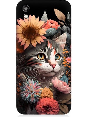 Teknomeg Huawei Honor 8s Uyumlu Çiçekler ve Kül Gri Kedi Desenli Silikon Kılıf