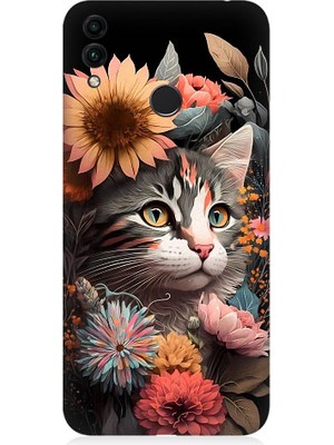Teknomeg Huawei Honor 8c Uyumlu Çiçekler ve Kül Gri Kedi Desenli Silikon Kılıf