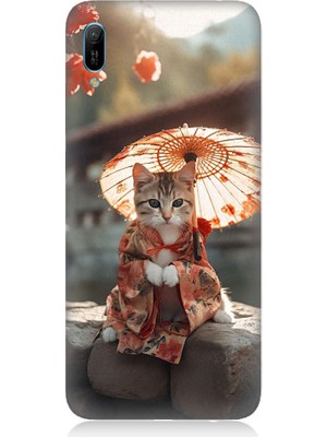 Teknomeg Huawei Y6 2019 Uyumlu Geyşa Kıyafetli Kedi Desenli Silikon Kılıf