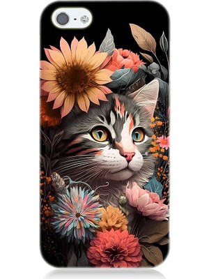Teknomeg Apple iPhone 5 Uyumlu Çiçekler ve Kül Gri Kedi Desenli Silikon Kılıf