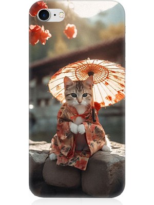Teknomeg Apple iPhone 7 Uyumlu Geyşa Kıyafetli Kedi Desenli Silikon Kılıf