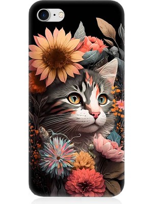 Teknomeg Apple iPhone 8 Uyumlu Çiçekler ve Kül Gri Kedi Desenli Silikon Kılıf