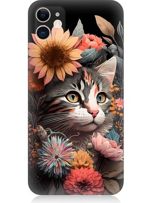 Teknomeg Apple iPhone 12 Uyumlu Çiçekler ve Kül Gri Kedi Desenli Silikon Kılıf