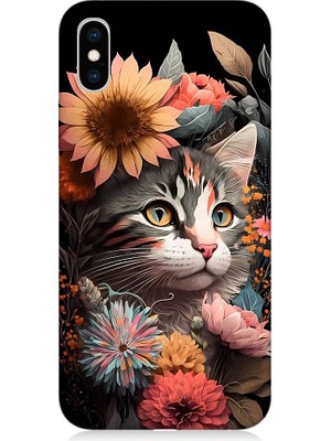 Teknomeg Apple iPhone Xs Uyumlu Çiçekler ve Kül Gri Kedi Desenli Silikon Kılıf
