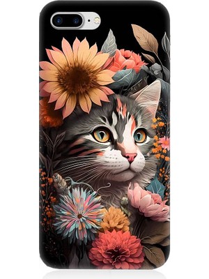 Teknomeg Apple iPhone 7 Plus Uyumlu Çiçekler ve Kül Gri Kedi Desenli Silikon Kılıf