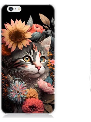 Teknomeg Apple iPhone 6 Plus Uyumlu Çiçekler ve Kül Gri Kedi Desenli Silikon Kılıf