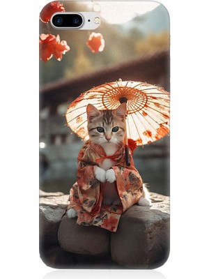 Teknomeg Apple iPhone 7 Plus Uyumlu Geyşa Kıyafetli Kedi Desenli Silikon Kılıf