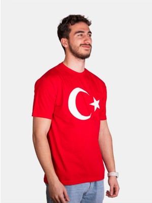 Çapıt Unisex %100 Pamuk Standart Kesim Sıfır Yaka Kısa Kollu Beyaz Türk Bayrağı Baskılı T-Shirt