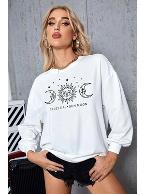 Mad&Calf Kadın Beyaz Celestial Sun Moon Oversize Sweatshirt