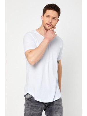 Tarz Cool Erkek Kırmızı Oval Etek Geniş Yaka %100 Pamuk Kısa Kollu T-Shirt