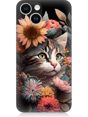 Teknomeg Apple iPhone 13 Mini Uyumlu Çiçekler ve Kül Gri Kedi Desenli Silikon Kılıf