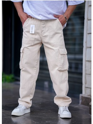 Tarz Cool Erkek Kargo Cep Baggy Pantolon Krem Renkli Günlük Desenli Model
