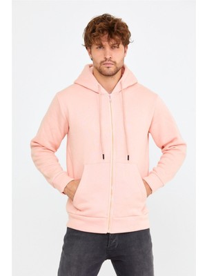 Tarz Cool Pembe Erkek Fermuarlı Kapüşonlu Sweat