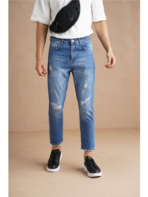 Tarz Cool Erkek Açık Lacivert Diz Yırtık Modelli Boyfriend Jean Pantolon