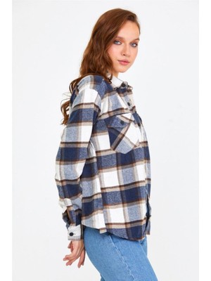 Tarz Cool Kadın Fıstık Yeşili Oversize Uzun Kollu Tek Cepli Ekoseli Oduncu GÖMLEK-KKKODG001R500S