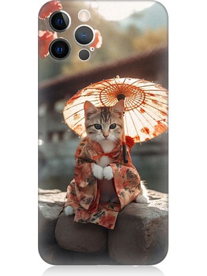 Teknomeg Apple iPhone 12 Pro Max Uyumlu Geyşa Kıyafetli Kedi Desenli Silikon Kılıf