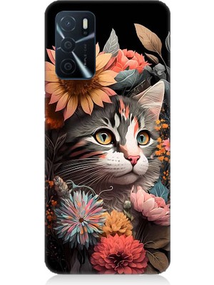 Teknomeg Oppo A16 Uyumlu Çiçekler ve Kül Gri Kedi Desenli Silikon Kılıf