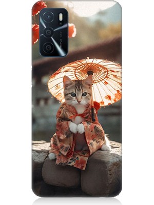 Teknomeg Oppo A16 Uyumlu Geyşa Kıyafetli Kedi Desenli Silikon Kılıf